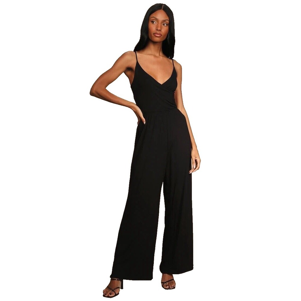 Lulus Women Jumpsuit Wide Leg Black Sleeveless Double V Cropped Lounge Small